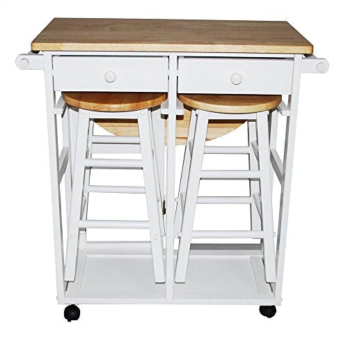 Casual Home Drop Leaf Breakfast Cart with 2 Stools-White - color: Natural&white