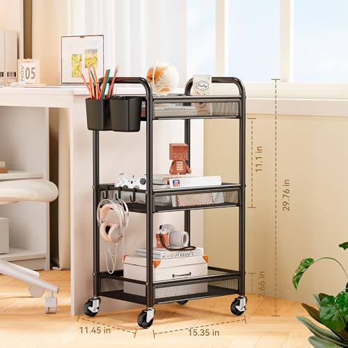 3 Tier Metal Rolling Cart, Black Utility Storage Cart with Wheels | Metal Mesh Craft Cart With Hooks & Hanging Cups, Ideal For Kitchen, Bathroom, Office, Dorm, Art Workspace, Bedside Storage - color: Black