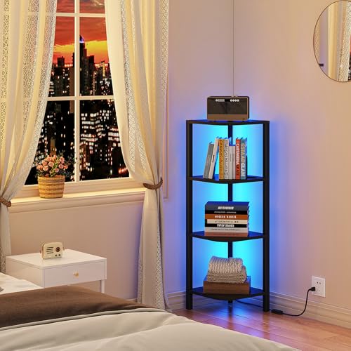 TUTOTAK Corner Shelf, 4-Tier Corner Bookshelf for Small Space | Narrow Display Corner Shelf Stand with Storage Rack, for Living Room, Bedroom, Black BS08BK004L - color: Black, size: 4-Tier Large With LED