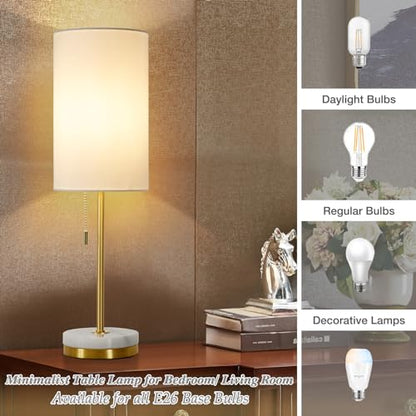 Desk Lamp & Table Lamp Set of 2, Bedside Lamps for Night Stands - Modern Small Table Lamps with Marble Base, Fabric Shade, Mini Pull Chain Bedroom Lamps for Living Room, Office, Reading (Gold) - color: Gold, White