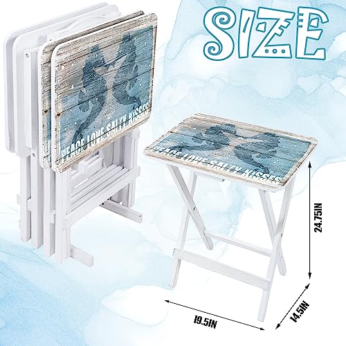 Sintuff Coastal Beach TV Trays Set of 4 with Stand Cape Craftsmen Mermaid Folding Wooden Decorative TV Tray Dinner Tables Farmhouse for Eating on Couch Snack Home Supplies