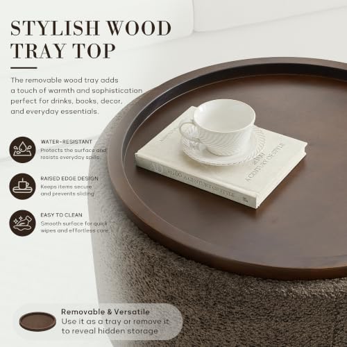Zihanhome 30" Round Chenille Storage Ottoman Coffee Table with Removable Tray Top, Large Hidden Storage Ottoman, Solid Wood Legs for Living Room, Bedroom, Apartment (Dark Brown) - color: Dark Brown