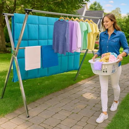 AZK Clothes Drying Rack Foldable Portable Design | Heavy duty Stainless steel Adjustable Drying Rack For Blanket King size No assembly With 20 Windproof Hooks - size: 65.55 inches