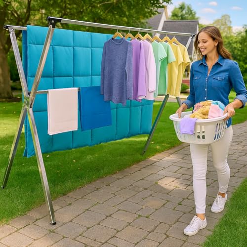 AZK Clothes Drying Rack Foldable Portable Design | Heavy duty Stainless steel Adjustable Drying Rack For Blanket King size No assembly With 20 Windproof Hooks - size: 65.55 inches