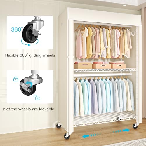 White Clothing Rack with Beige Cover, P1C Plus Rolling Closet | Metal Garment Rack with Wheels for Hanging Clothes, Portable Clothing Storage Wardrobe - color: White Rack with Beige Cover