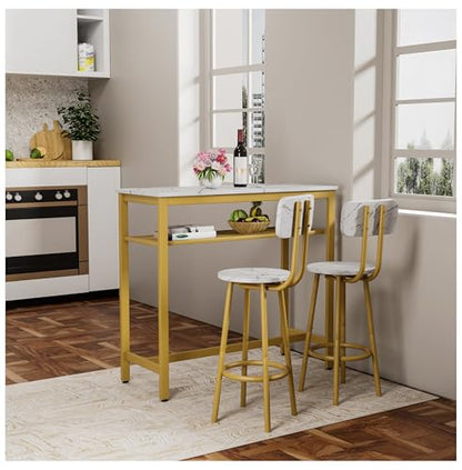 Counter Height Dining Table Set with 2 Stools - Kitchen Breakfast Bar Table - White Faux Marble Top