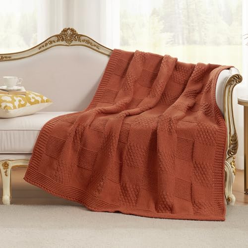 Knit Throw Blanket, Soft Chenille Cozy Breathable Checkered Chunky Decorative Blanket for Couch, Bed & Sofa, French-Inspired Lightweight Warm Gift for Women, Orange, 50"x60" - color: Checkered Orange, size: Checkered Knit 50"x60"