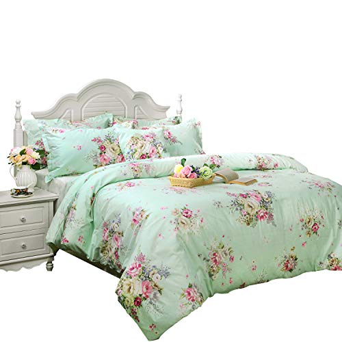 FADFAY Green Floral Duvet Cover Sets Vintage Flower Printed Bedding Ultra Soft 100% Cotton Twin Extra Long Designer Bedding Set 3 Pieces, 1duvet Cover & 2pillowcases (Twin XL Size, Simple Style) - color: French Countryside-simple Style, size: Twin XL
