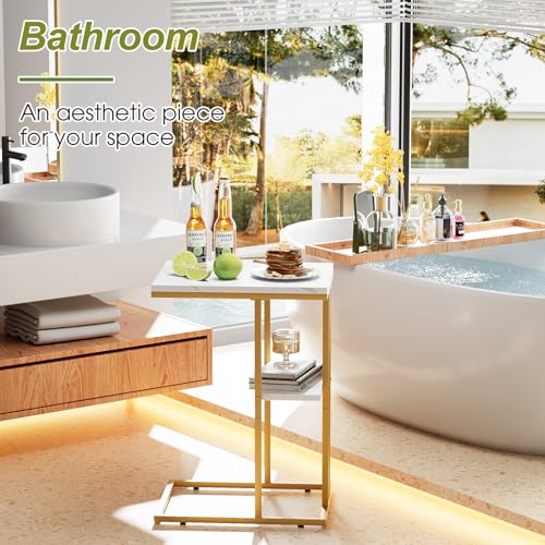 C Shaped End Table, Couch Side Table that Slide Under | TV Trays for Eating on Couch, Narrow Sofa Tables for Small Space Living Room, Bedroom, White + Gold - color: White Marble+gold