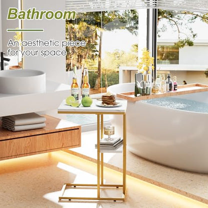 C Shaped End Table, Couch Side Table that Slide Under | TV Trays for Eating on Couch, Narrow Sofa Tables for Small Space Living Room, Bedroom, White + Gold - color: White Marble+gold