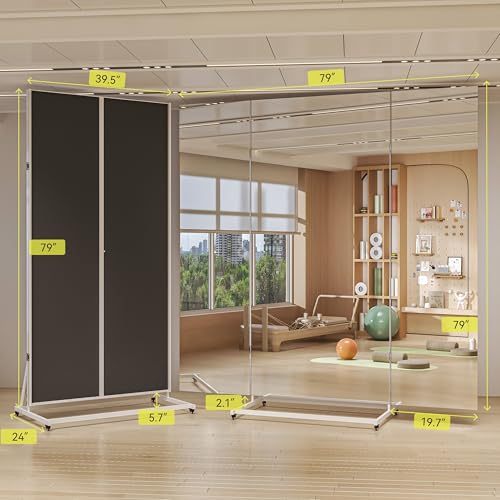 Hasipu 79"×79" Large Tri-Fold Full Length Rolling Mirror | Tempered Glass Movable Home Gym Mirror on Wheels with Stand for Gym, Dance Studio, Fitness Room, and Home - size: 78"L x 78"W
