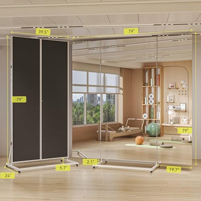 Hasipu 79"×79" Large Tri-Fold Full Length Rolling Mirror | Tempered Glass Movable Home Gym Mirror on Wheels with Stand for Gym, Dance Studio, Fitness Room, and Home - size: 78"L x 78"W