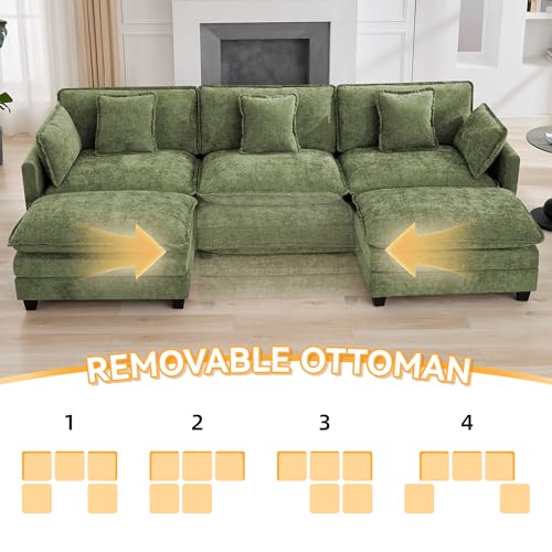 111'' Sectional Cloud Deep Seat Couch, Oversized Chenille U Shaped Sectional Sofa for Living Room Set, Comfy Upholstered Modular 3-Seats Sectional Sofa Couch with 2 Movable Ottoman, Green - color: Green, size: 111'' U Shape