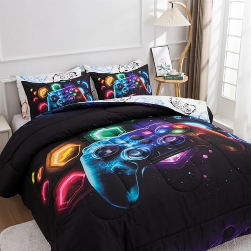 Aimuan Game Console Comforter Set for Boys Girls Kids Space Universe Gaming Geometric Lightweight Microfiber Gamer Bedding Sets (Black-Multi, Twin 3PCS) - color: Black-multi, size: Twin