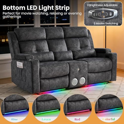 Power Reclining Sofa with 4 LED Lights, Bluetooth Speaker, Power Reclining Loveseat with Drop Down Table,Outlets, 3-Seater Recliner Sofa with Arm/Seat Storage(Grey, Loveseat with Console) - color: Grey, size: Loveseat with Console