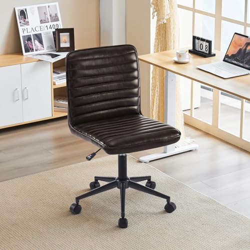Furnimart Armless Swivel Rolling Desk Chair, Adjustable Faux Leather Vanity Chair with Gold Legs, Cute Task Chair with Wheels for Living Room Bedroom Studying Small Places (Black/Brown) - color: Leather-blackbrown