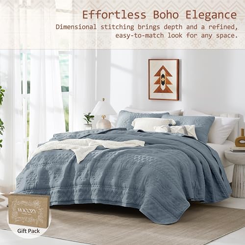 WDCOZY Boho Blue Grey Twin Quilt Size Bedding Sets with 1 Pillow Sham, Farmhouse Lightweight Soft Bedspread Coverlet for All Season, 2 Pieces, 68x90 inches - color: Boho-blue Grey, size: Twin