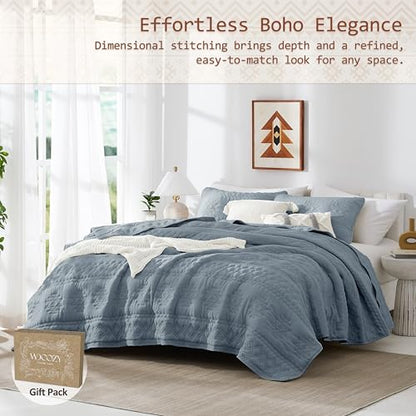 WDCOZY Boho Blue Grey Quilt King Size Bedding Sets with 2 Pillow Shams, Farmhouse Lightweight Soft Bedspread Coverlet for All Season, 3 Pieces, 104x90 inches - color: Boho-blue Grey, size: King