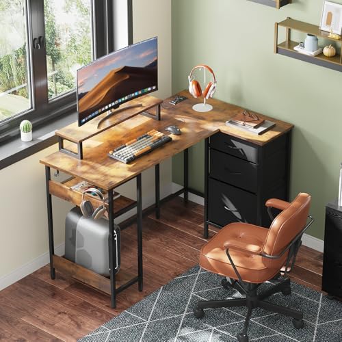 DEVAISE 48 Inch L Shaped Gaming Desk with Drawers and Storage, Corner Desk with LED Lights, Power Outlets, Computer Desk with Monitor Stand, Office Desk for Home, Rustic Brown - color: Rustic Brown, size: 48 Inch with Drawers