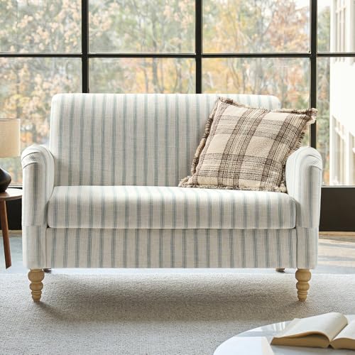HULALA Home 50.5" Loveseat Sofa with Stripe Pattern, 2 Seater Sofa, Blue | Comfy Upholstered Couch, with Solid Wood Spindle Legs and Rolled Wide Armrests, Loveseat Couch for Living Room Bedroom - color: Blue, size: 2-Seater Loveseat