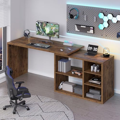HSH L Shaped Desk with Storage, Home Computer Desk, Rustic Brown, 55 Inch | Reversible Industrial Wood Executive Workstation with Cabinet Shelves, L-Shaped Home Office Table for Study Writing Gaming - color: Rustic Brown