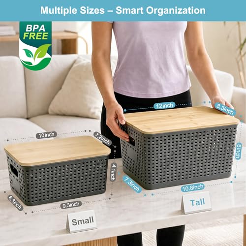 Small Plastic Storage Bins with Bamboo Lids 5.2qt Stackable Box Basket Pantry Decorative Containers Cute with Lable for Organizing Desktop Closet Office Gray of 6 packs 10 * 7.2 * 4.1" - color: Gray, size: Small- 6 Pack