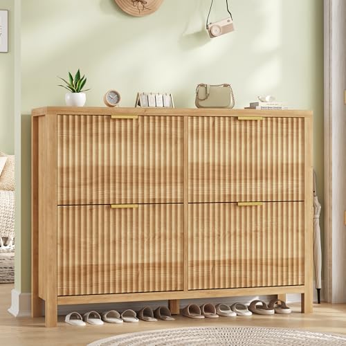 47" Fluted Shoe Cabinet Stoarge with 4 Flip Drawers for Entryway, Hallway | Hidden Shoe Rack Slim Freestanding Shoe Organizer with Legs for Hallway, Living Room, Oak - color: Natural Oak, size: 4 Drawers