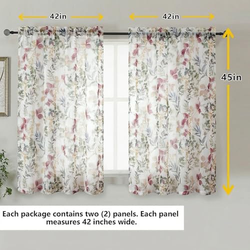 Crushed Kitchen Window Curtains 45 Inches Length 2 Panels, Farmhouse Printing Short Semi Sheer Curtains for Cafe Bedroom Small Window, Light Filtering Rod Pocket Curtain, Purple, 42Wx45L - color: Purple/Multi, size: 42"W x 45"L (Pack of 2)