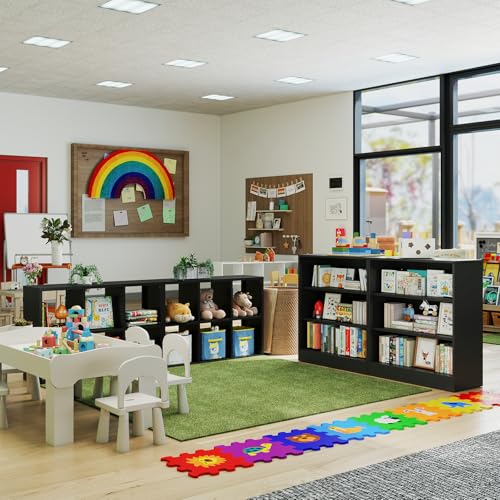 IRONMIX Short Bookshelf for Classroom, 3-Tier Black Metal Bookshcase, Small Bookcase for Small Places, Open Bookshelf with Adjustable Shelves, Cabint Display Case for Home Office, Library, Living Room - size: 31.5" W-35.5" H - 2 set