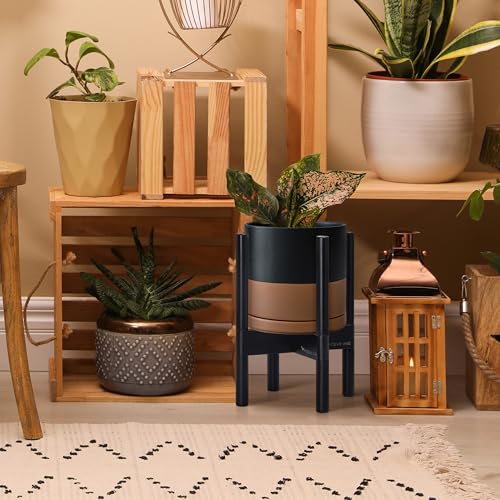 D'vine Dev Ceramic Pot with Ebony Wood Stand, Black/Tan, 8 in, 55-B-M-7 | Mid-Century Modern Design, Raised Plant Display, Solid Beech Wood Stand, Premium Craftsmanship, Sophisticated Home Decor - color: Black/Speckled Tan Pot + Ebony Stand, size: 8 Inch