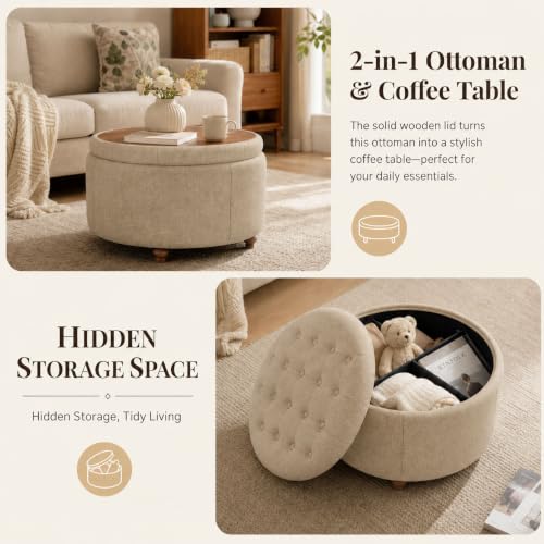 25" Round Ottoman with Storage, Small Coffee Table with Reversible Tray Lid | Tufted Fabric Round Storage Ottoman with Solid Wood Legs, 3-in-1 Footrest for Living Room, Bedroom, Entryway, Coffee - color: Coffee