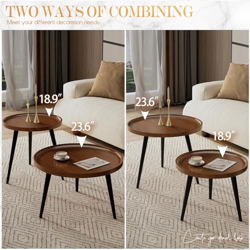 2-Piece Walnut Coffee Table,Durable Mid Century Small Round Coffee Tables for Living Room,Easy Assembly Modern Nesting Coffee Tables Set,Circle Side Tables for Sofa Bedside Balcony - color: Walnut