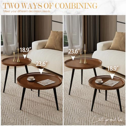 2-Piece Walnut Coffee Table,Durable Mid Century Small Round Coffee Tables for Living Room,Easy Assembly Modern Nesting Coffee Tables Set,Circle Side Tables for Sofa Bedside Balcony - color: Walnut