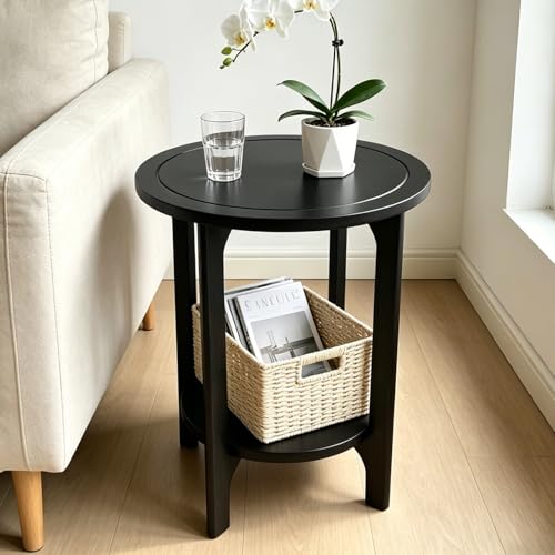 Black Solid Wood Round Side Table for Living Room, Bedroom | 2-Tier Wooden End Tables, Mid Century Modern Circular Nightstand Bedside Table, Easy Assembly (Black) - color: Black