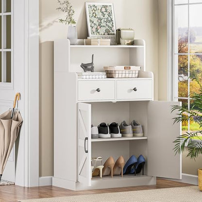 Farmhouse Bathroom Storage Cabinet with 2 Drawers & 2 Doors, Kitchen Cabinet Cupboard with Adjustable Shelves, Floor Storage Cabinet for Kitchen/Living Room/Bedroom, White