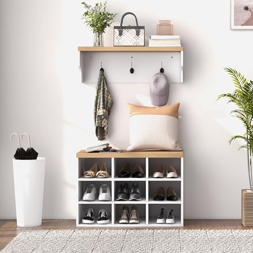 HOMCOM 2-in-1 Coat Rack Shoe Bench Set, 5-Hook Hall Tree with Bench, White | Shoe Storage for 9 Pairs of Shoes, Coat Rack with Bench, Entryway, Hallway