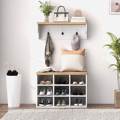 HOMCOM 2-in-1 Coat Rack Shoe Bench Set, 5-Hook Hall Tree with Bench, White | Shoe Storage for 9 Pairs of Shoes, Coat Rack with Bench, Entryway, Hallway