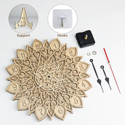 12-Inch 3D Mandala Wall Clock, Silent Non-Ticking Decorative Wooden Clock for Living Room, Boho Wall Art & Modern Farmhouse Home Decor, Unique Housewarming Gift for Bedroom or Office