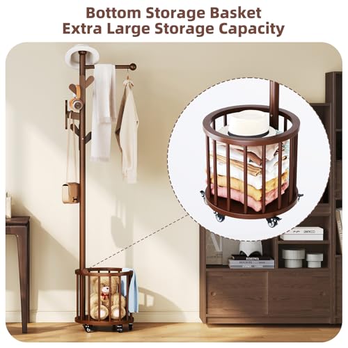 CozyDH Wooden Coat Rack Stand with Umbrella Holder and Wheels, Freestanding Hall Tree Coat Hanger with Multi Hooks, Heavy Duty Coat Tree for Entryway Bedroom Hallway Office, Walnut - color: Walnut, size: Round-15.7D×15.7W×72.8H