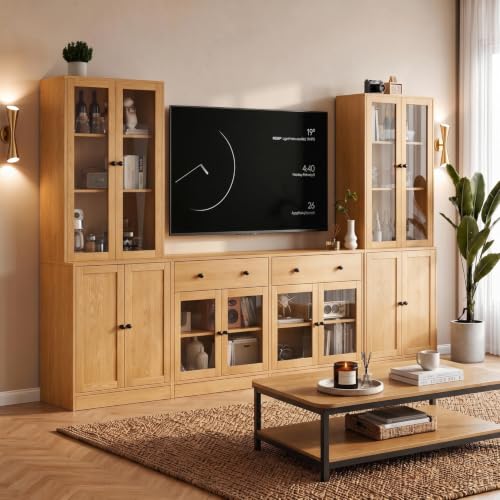 TUSY 71" TV Stand Storage Set - 2 Tall Bookcases & 2 Side Cabinets, Media Console with Glass & Wood Doors, Entertainment Center with Drawers, Tall Media Console for Living Room (Wood, AFFA) - color: Wood