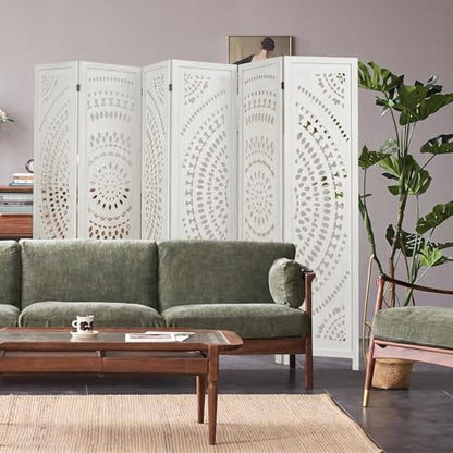 6 Panel White Room Divider, 67 Inch Wood Carved Privacy Screen, Bohemian Style Folding Room Divider, Portable Partition Wall Divider for Room Separation (White)