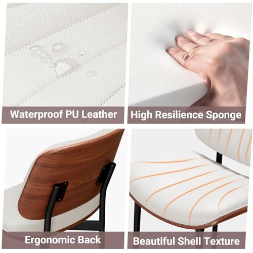 Dining Chairs Set of 2, Mid-Century Modern Upholstered PU Leather Chairs | with Walnut Bentwood Back and Metal Legs Adjustable Feet for Kitchen Dining Room, Off-White Shell Strips - color: Off-white Shell Strips