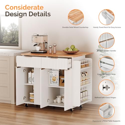 VINGLI Fluted Large Kitchen Island Cart with 2 Draws & 4 Doors, White | Drop-leaf Toptable, Adjuestable Shelves, Towel Bar, 3-tier Side Storage Rack, 360° Rolling Design - size: 32.7"