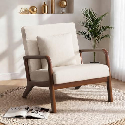 Mid Century Accent Chair with Solid Wood Frame & Linen Fabric, Beige | Upholstered Lumbar Pillow Lounge Chair Linen Fabric Cozy Leisure Chair Walnut Living Room Chair for Bedroom Waiting Room - color: Walnut Wood - Beige Fabric, style: 1 PCS