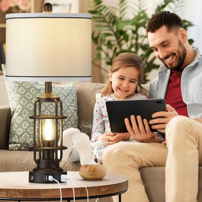 Modern Table Lamps Set of 2, Industrial 3-Way Dimmable Bedside Lamp with USB A+C Ports & AC Outlet, 25" Touch Control Nightstand Lamp LED Night Light for Living Room Bedroom Home(4 Bulbs Included) - color: Black-1