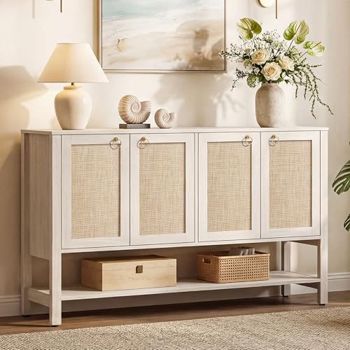 SICOTAS White Sideboard Buffet Cabinet with Rattan Doors, 55" Boho Credenza | White Boho Coffee Bar Cabinet with Open Shelf, Modern Farmhouse Credenza & Console Table for Entryway, Kitchen, Dining Room - color: White Cream Oak