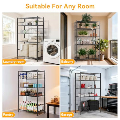 BolDuck 5 Tier Shelf Organizer Rack, Metal Shelving Unit with Adjustable Leveling Feet, Space-Saving Storage Shelves for Garage Closet Laundry Bathroom Kitchen Pantry, 33.07”Wx12.6”Dx72.04”H,Black - size: 5 Tier Shelf