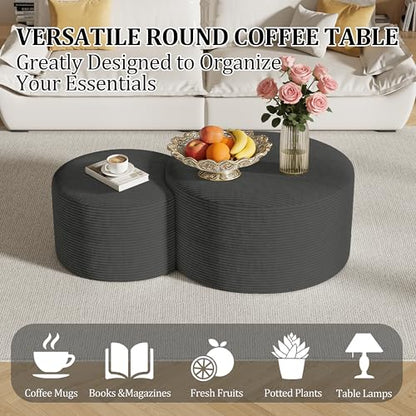Round Nesting Coffee Table Set of 2,Upholstered Foam Ottoman Footrest Side Table Set,Modern Flannel Circle Coffee Table No Assembly for Living Room Entryway Bedroom,Grey - color: Grey