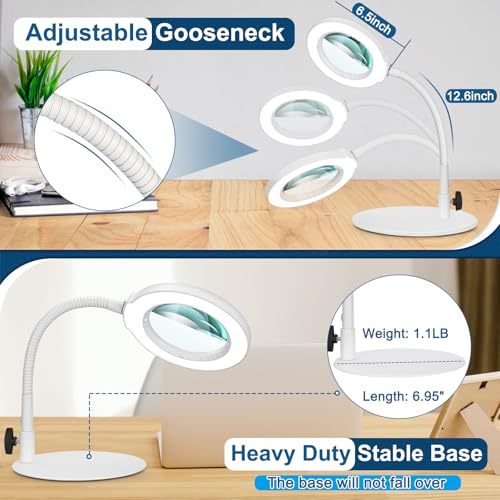 IVMAIE 12X Magnifying Glass with Light, Real Glass Lens, 5 Color Modes Dimmable, Flexible Gooseneck Lighted Magnifier with Stand, LED Desk Lamp Hands Free for Crafts Painting Reading Close Work, White - color: White