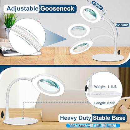 IVMAIE 12X Magnifying Glass with Light, Real Glass Lens, 5 Color Modes Dimmable, Flexible Gooseneck Lighted Magnifier with Stand, LED Desk Lamp Hands Free for Crafts Painting Reading Close Work, White - color: White